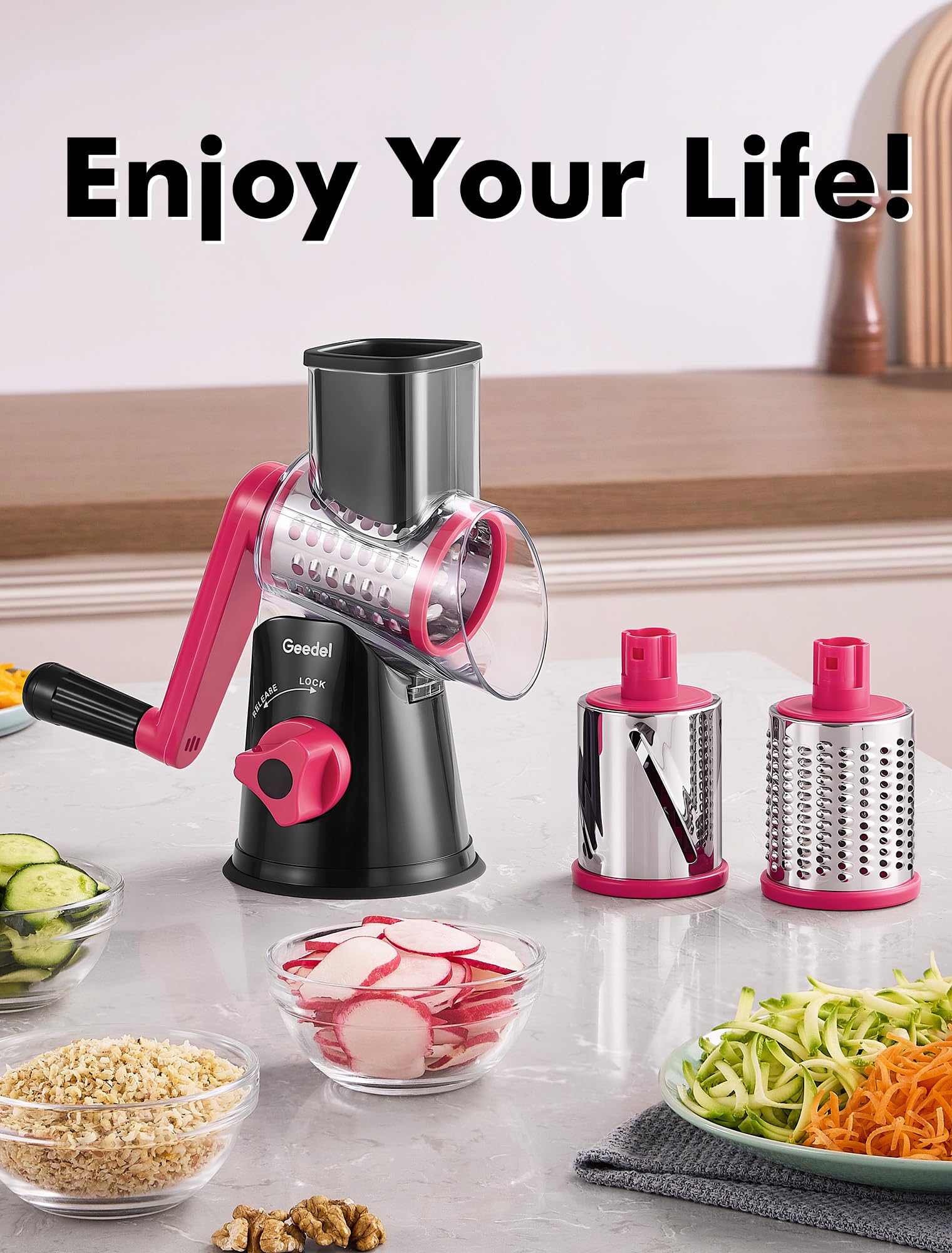 Geedel rotary grater is ideal for salads and pizzas.