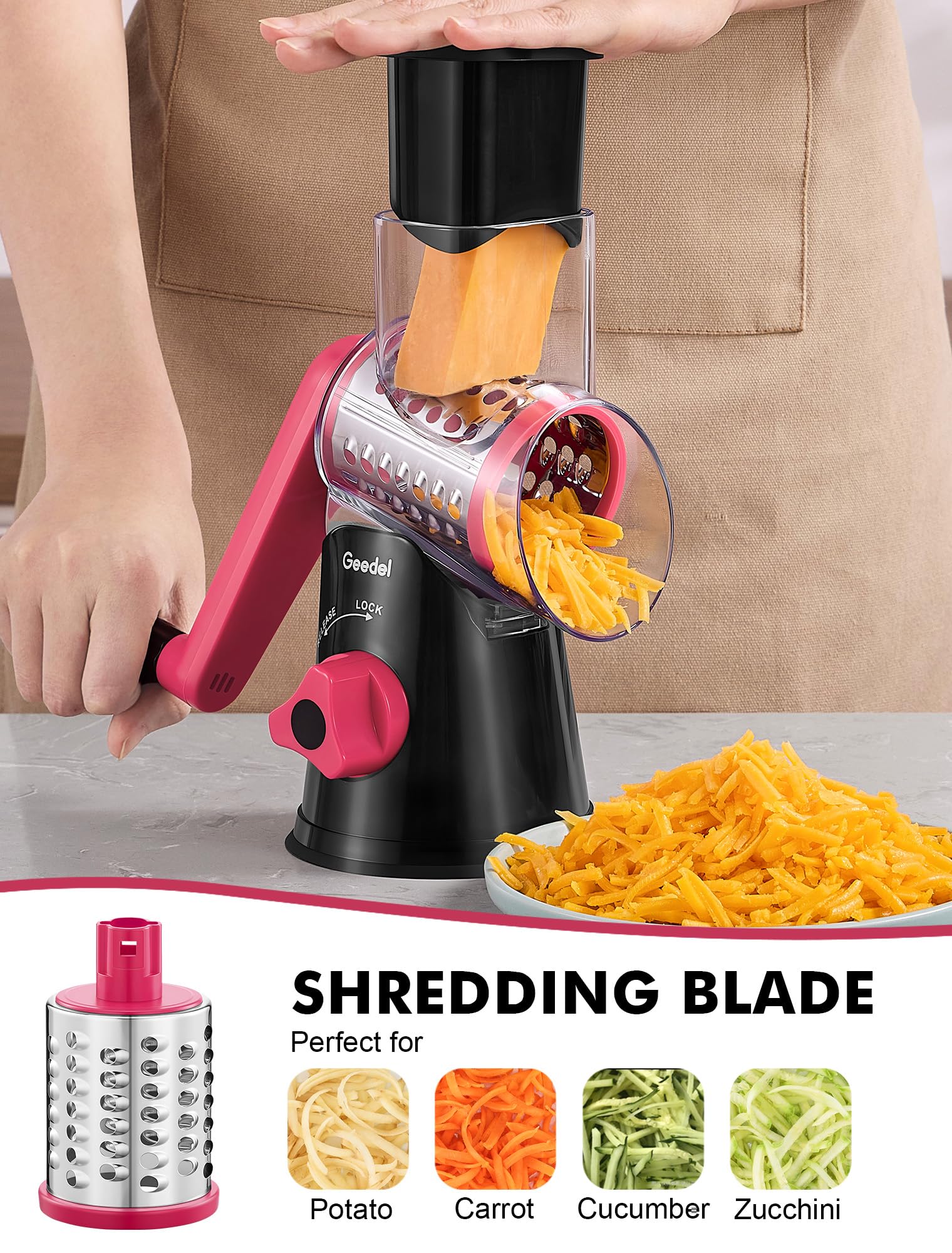 Geedel safety handle keeps hands away during use.