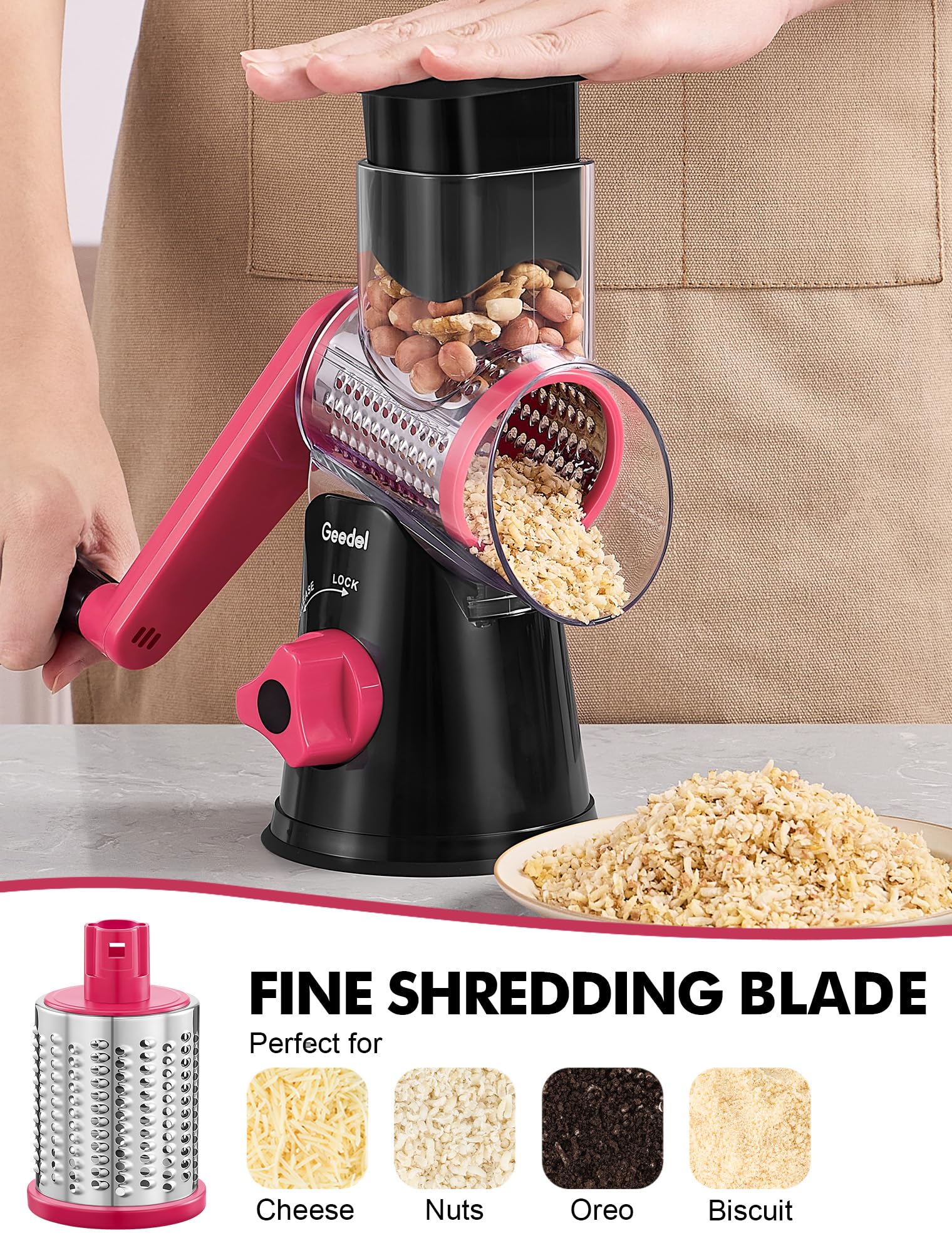 Geedel suction base keeps the grater stable on counters.