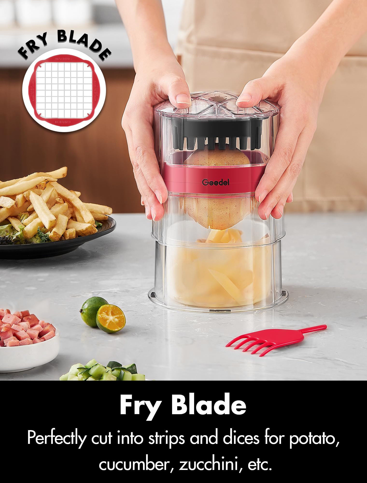 Geedel three-blade system interchangeable for fries, veggies, and fruits