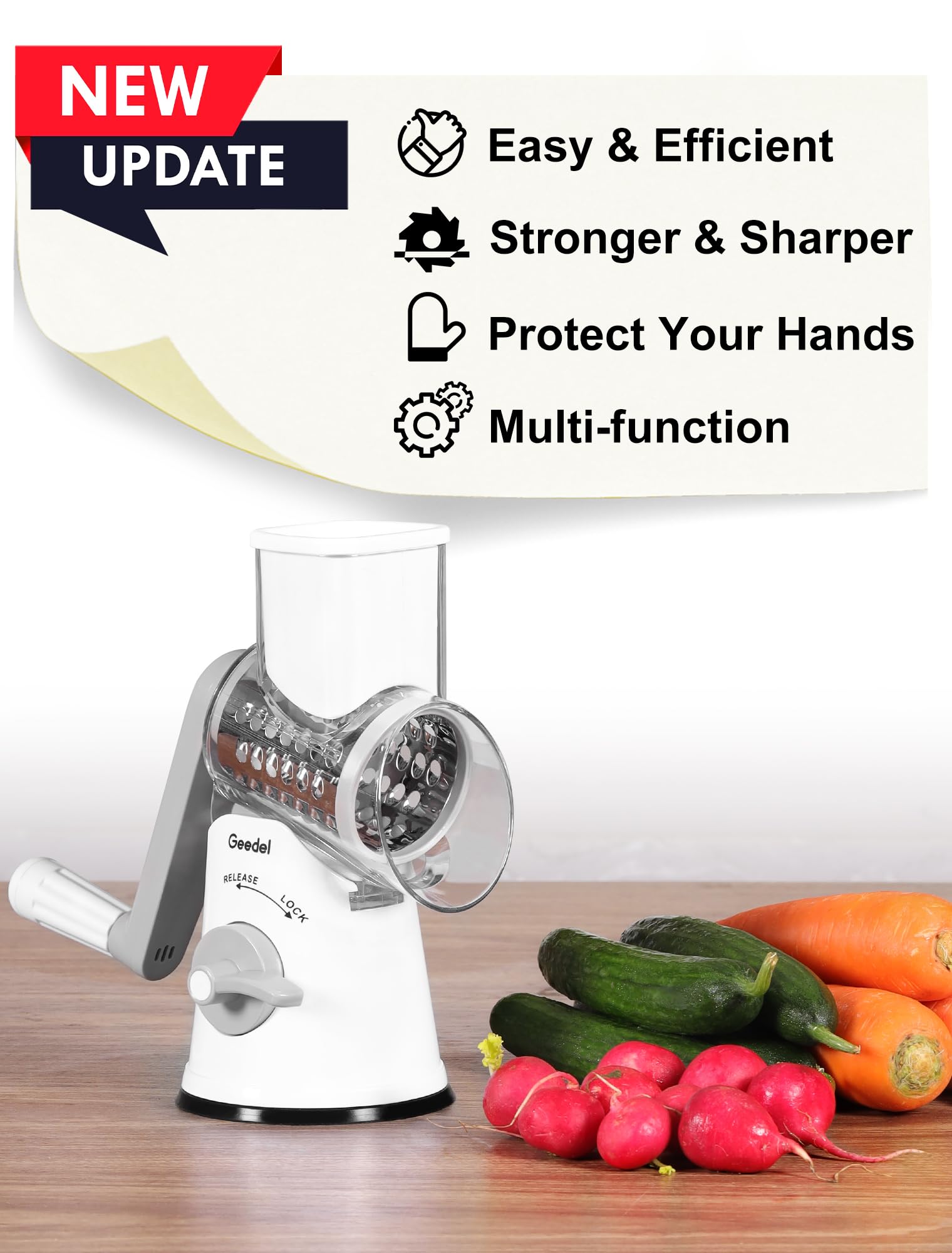 Geedel z-shaped handle provides easy rotary motion for efficient prep.