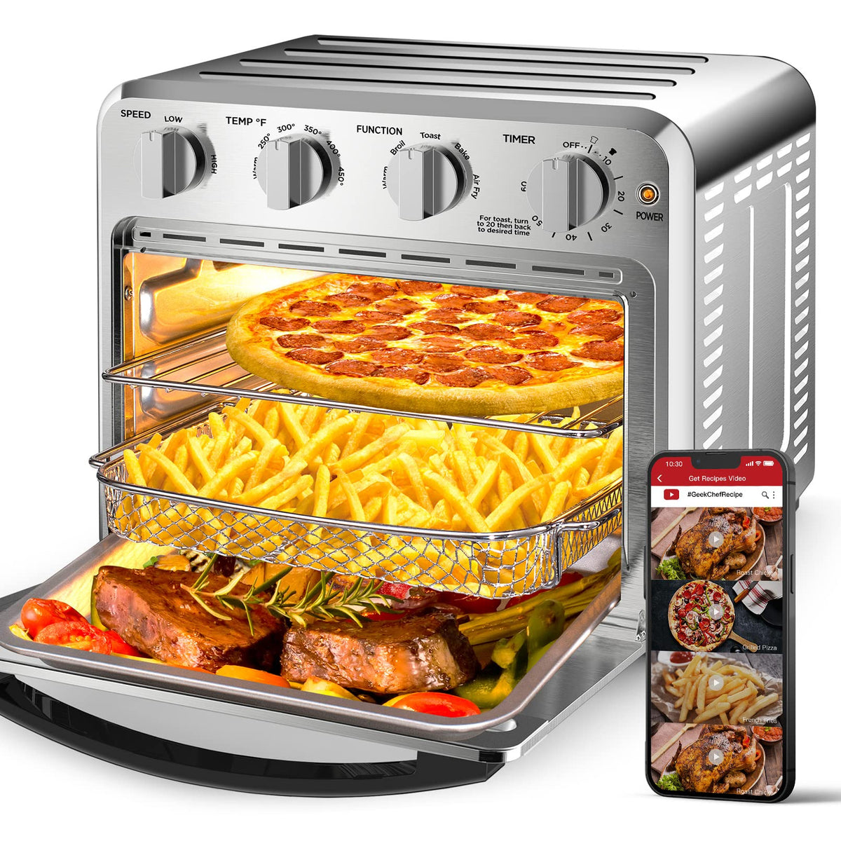 Geek Chef 16QT 5-in-1 oven front view, spacious family cooking hub