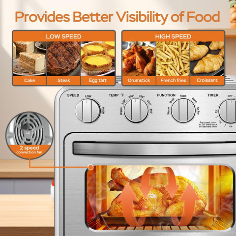 Geek Chef 360-degree convection fan promotes even browning and texture