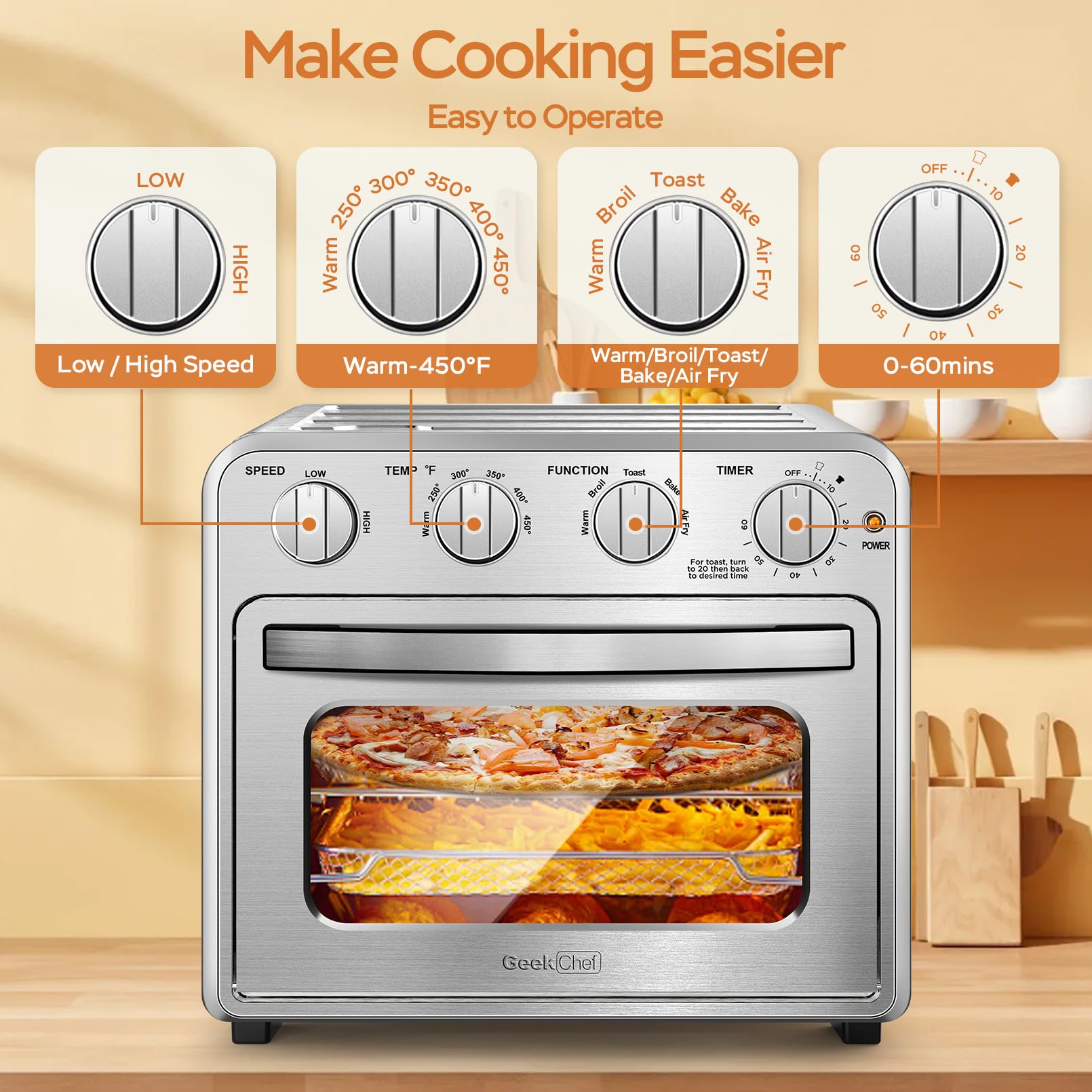 Geek Chef air fryer basket and wire rack ready for crisp results