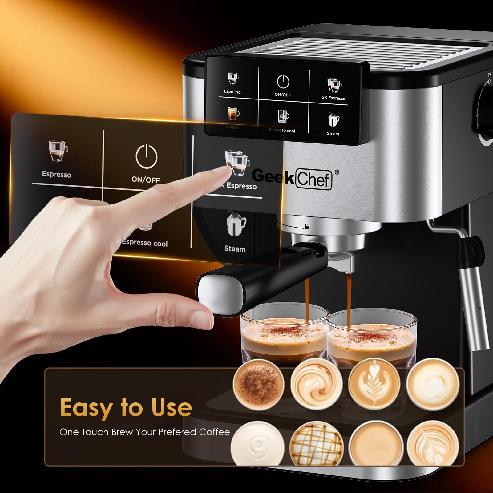 Geek Chef espresso machine highlighting 20-bar pump capability