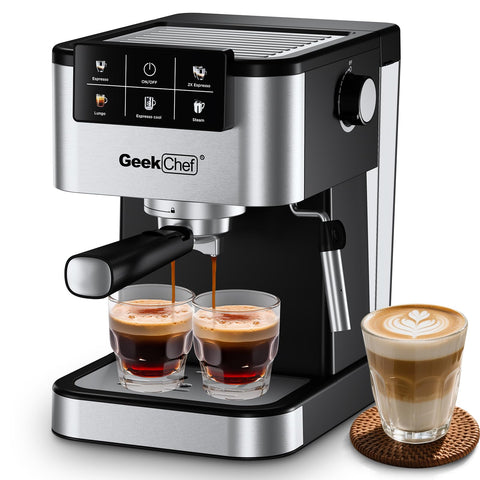 Geek Chef espresso machine front view ready for quick coffee preparation