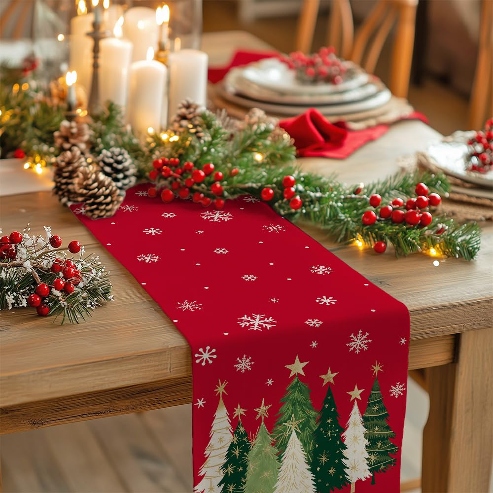 GEEORY red burlap-inspired table runner adds texture and spill protection