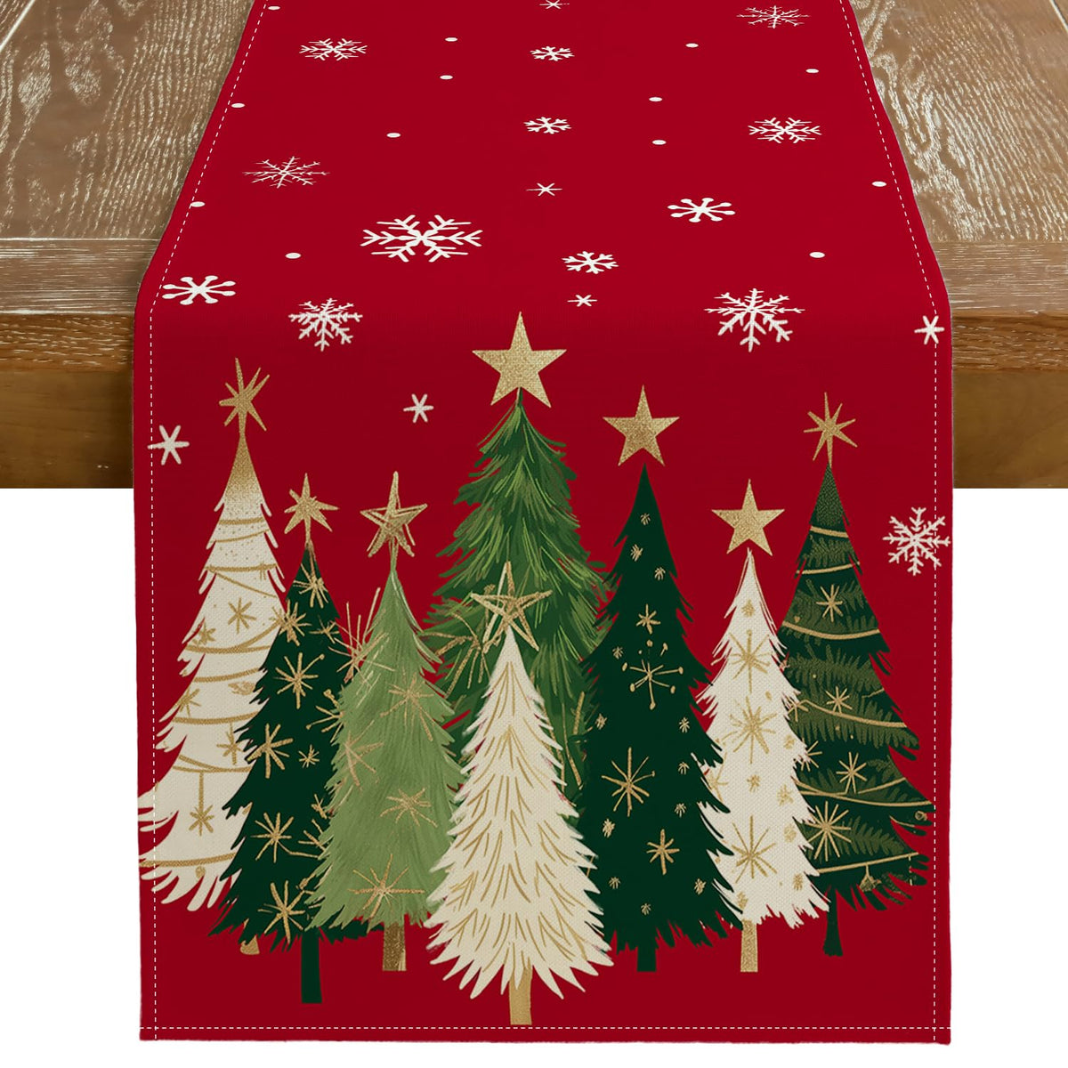 GEEORY Christmas table runner 13x48 in red adds festive color while protecting surfaces.