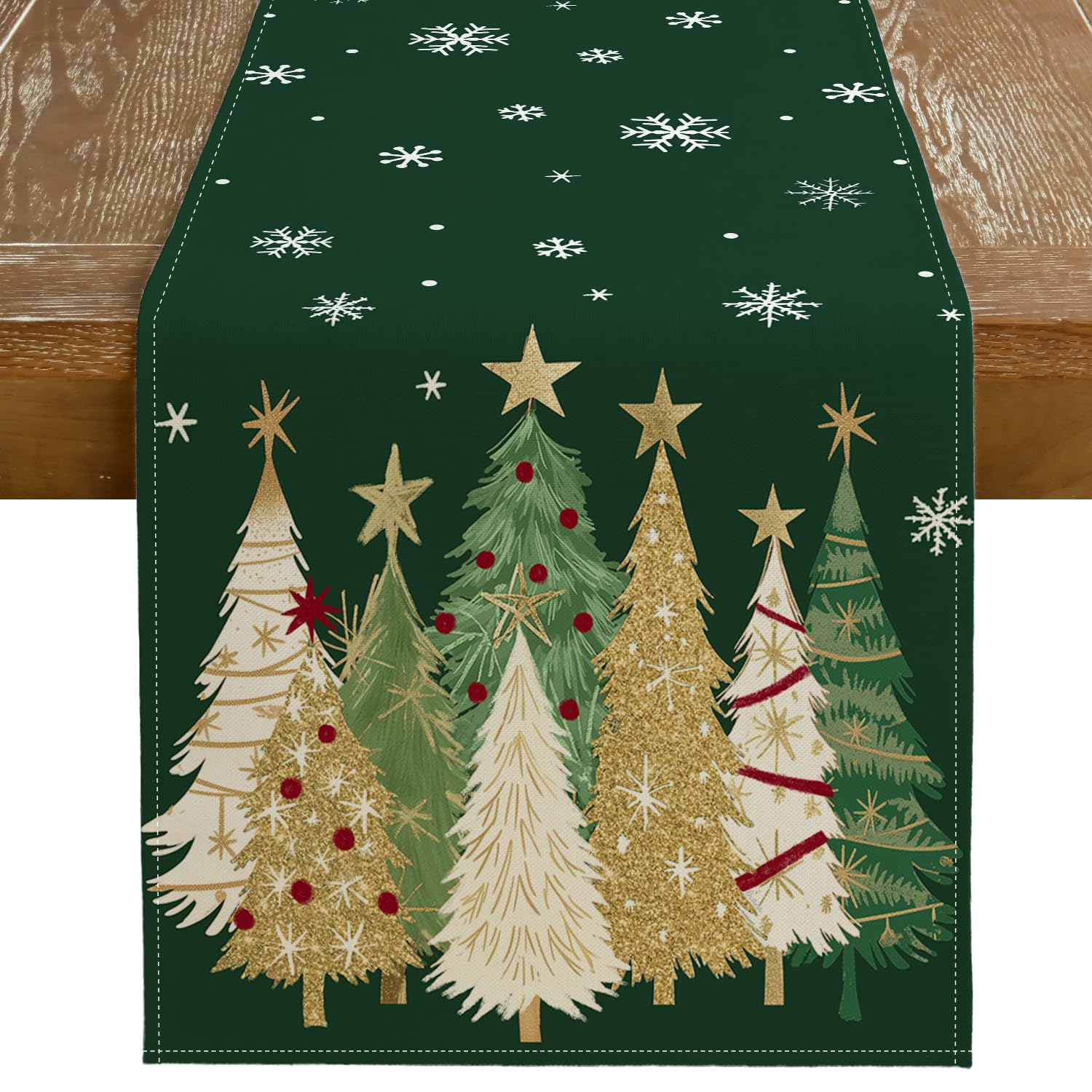 GEEORY Christmas table runner with green trees and snowflakes for festive dining