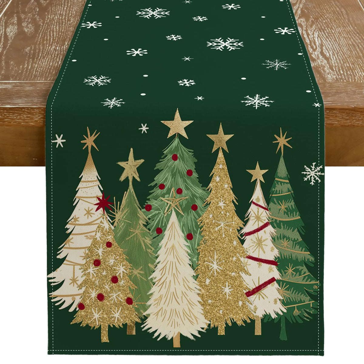 GEEORY Christmas table runner with green trees and snowflakes for festive dining