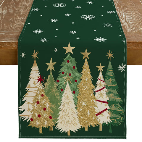 GEEORY Christmas table runner with green trees and snowflakes for festive dining