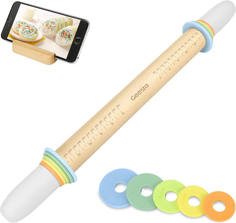 Geesta adjustable wooden rolling pin with rings for precise dough thickness