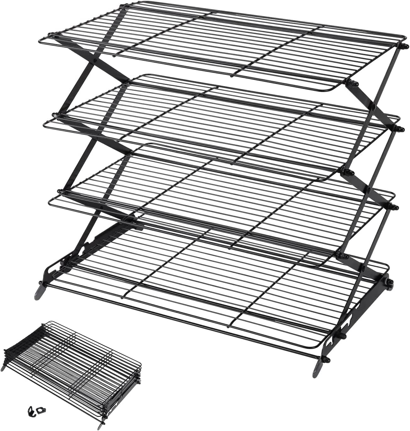 Geesta 4-tier collapsible rack in use cooling cookies and muffins.
