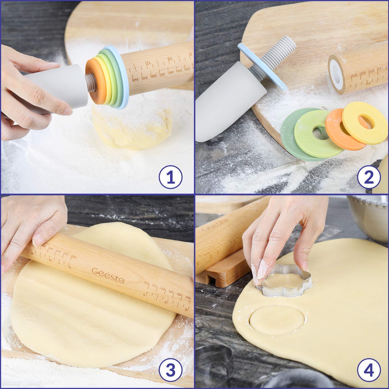Geesta rolling pin with measurement engravings in inches and centimeters