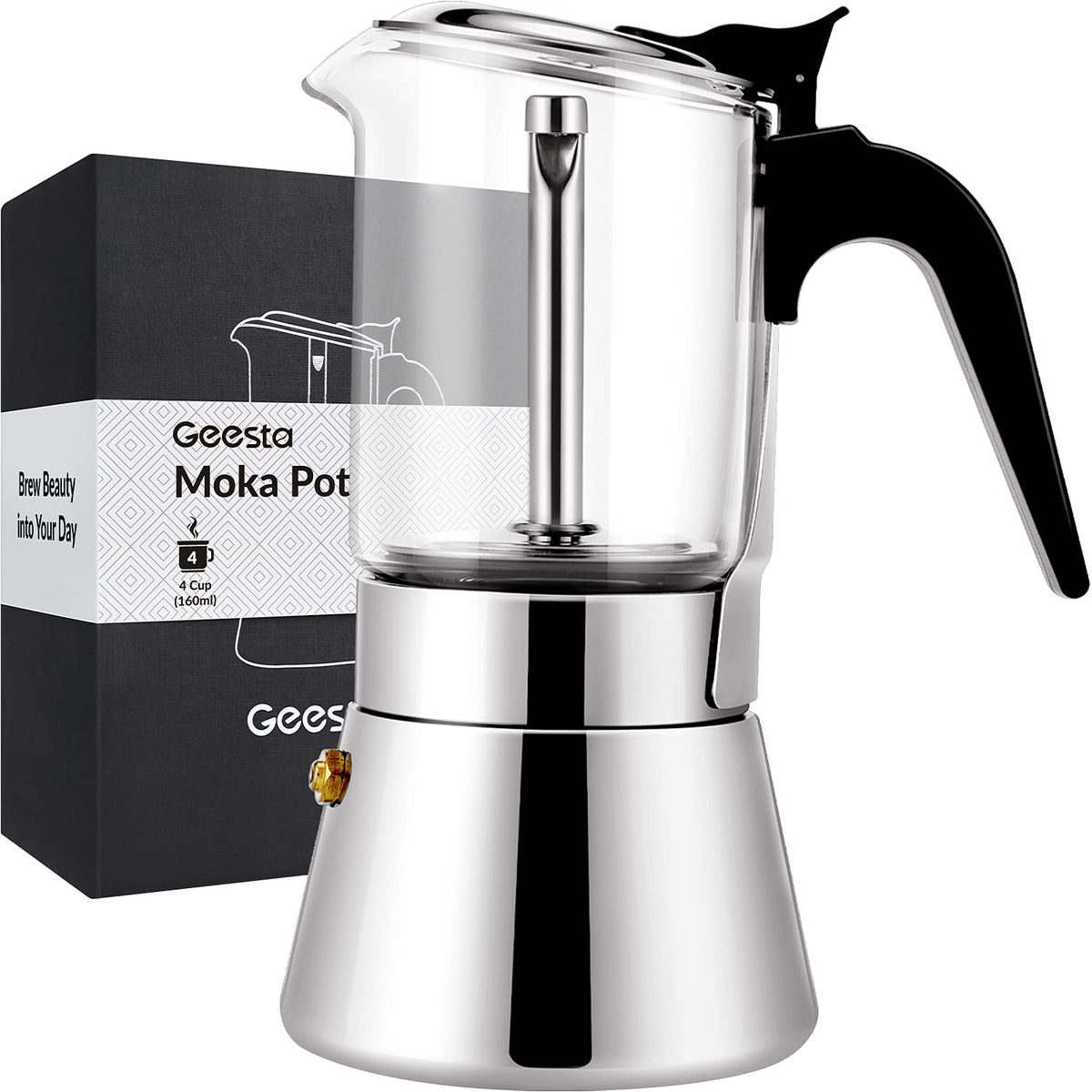 Geesta Moka pot front view with crystal glass top and stainless body for lasting durability