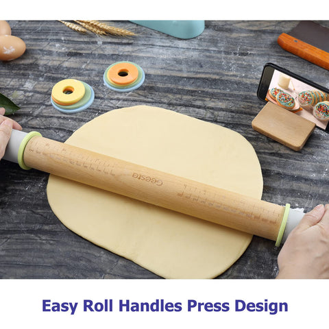 Geesta wood dough roller featuring ergonomic handle-press design