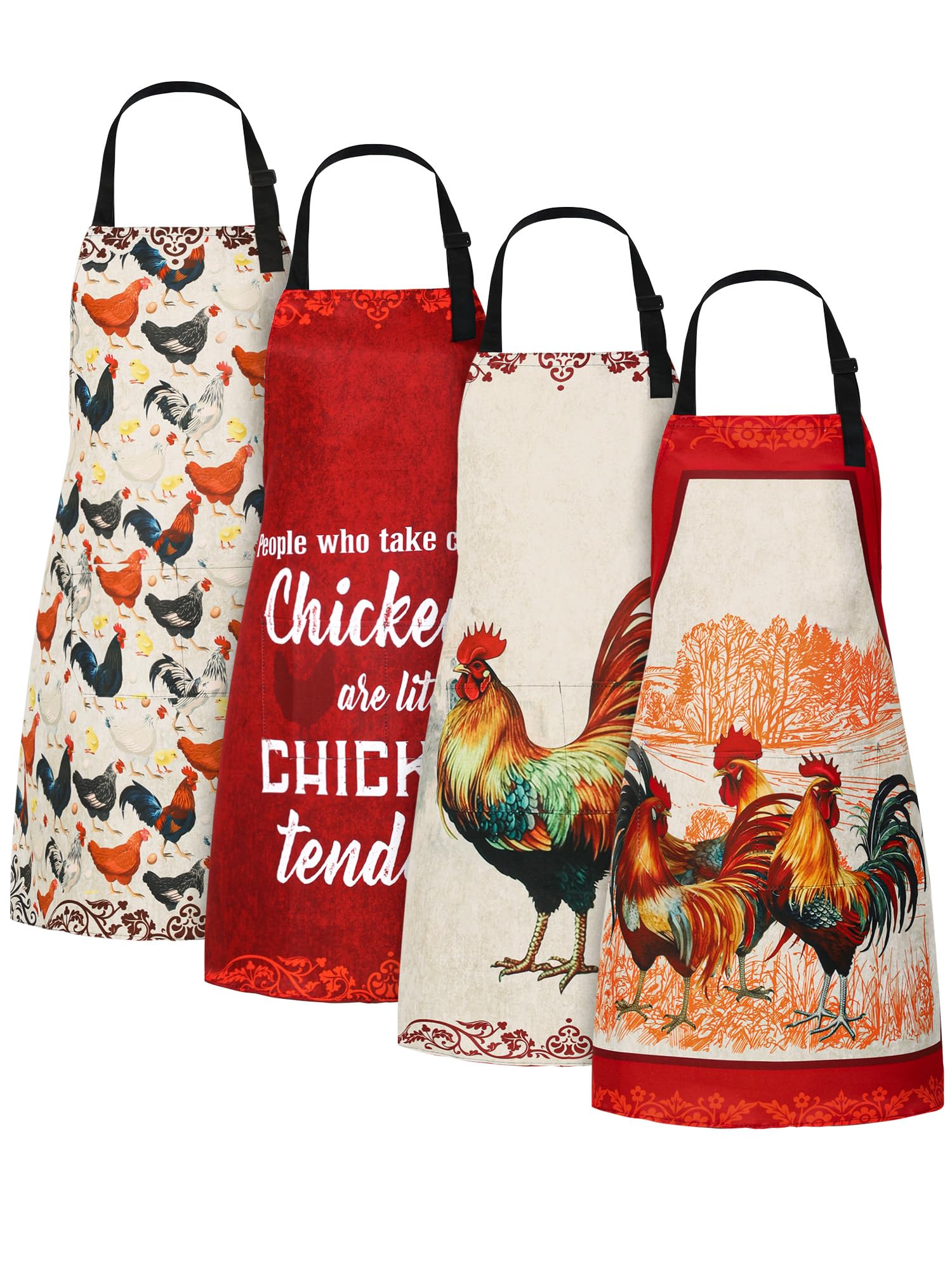 Geetery rooster-print Christmas apron in red, adding festive flair to kitchen tasks.