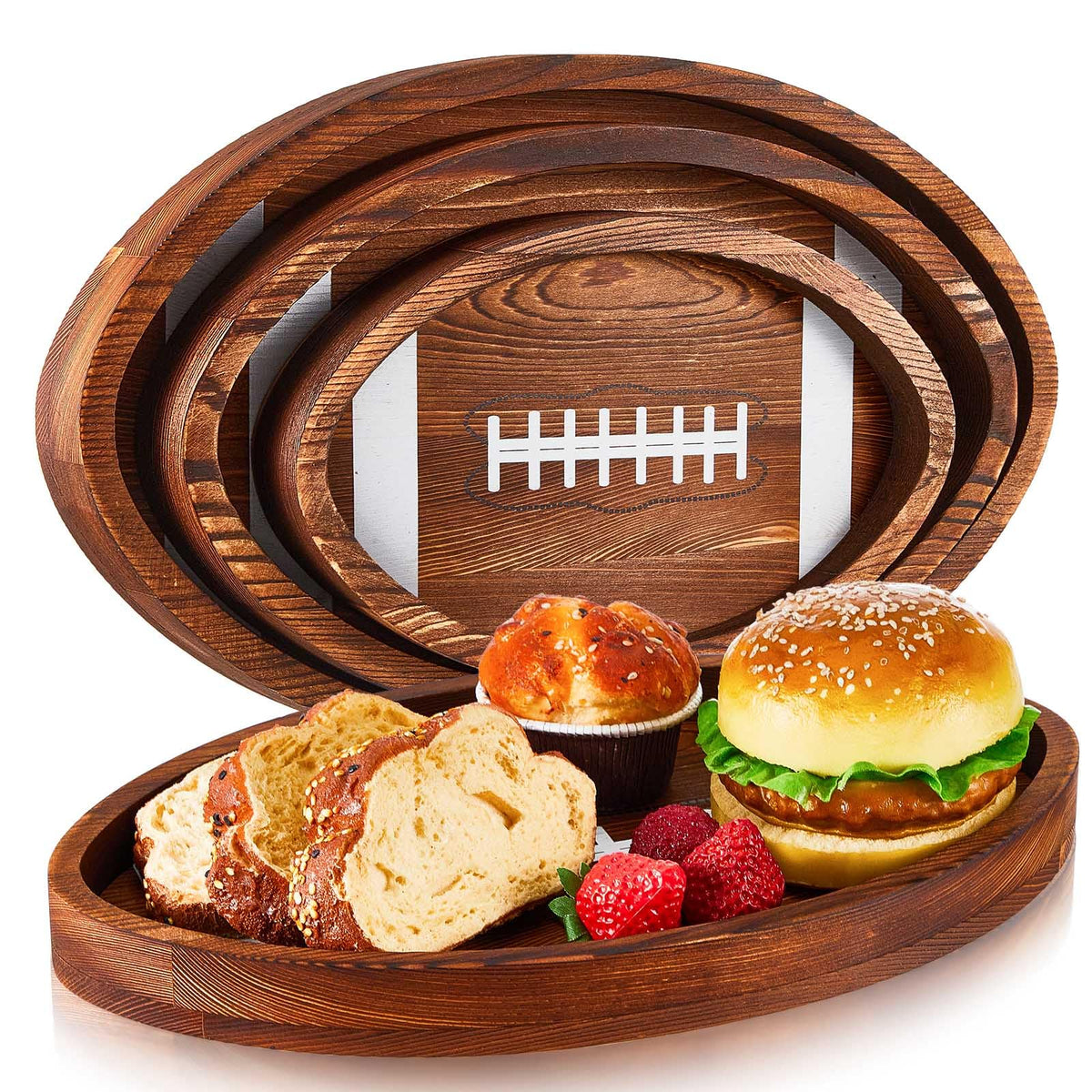 Geetery football serving tray in 13-inch size showing sturdy wooden construction for party snacks
