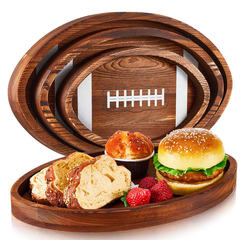 Geetery football serving tray in 13-inch size showing sturdy wooden construction for party snacks