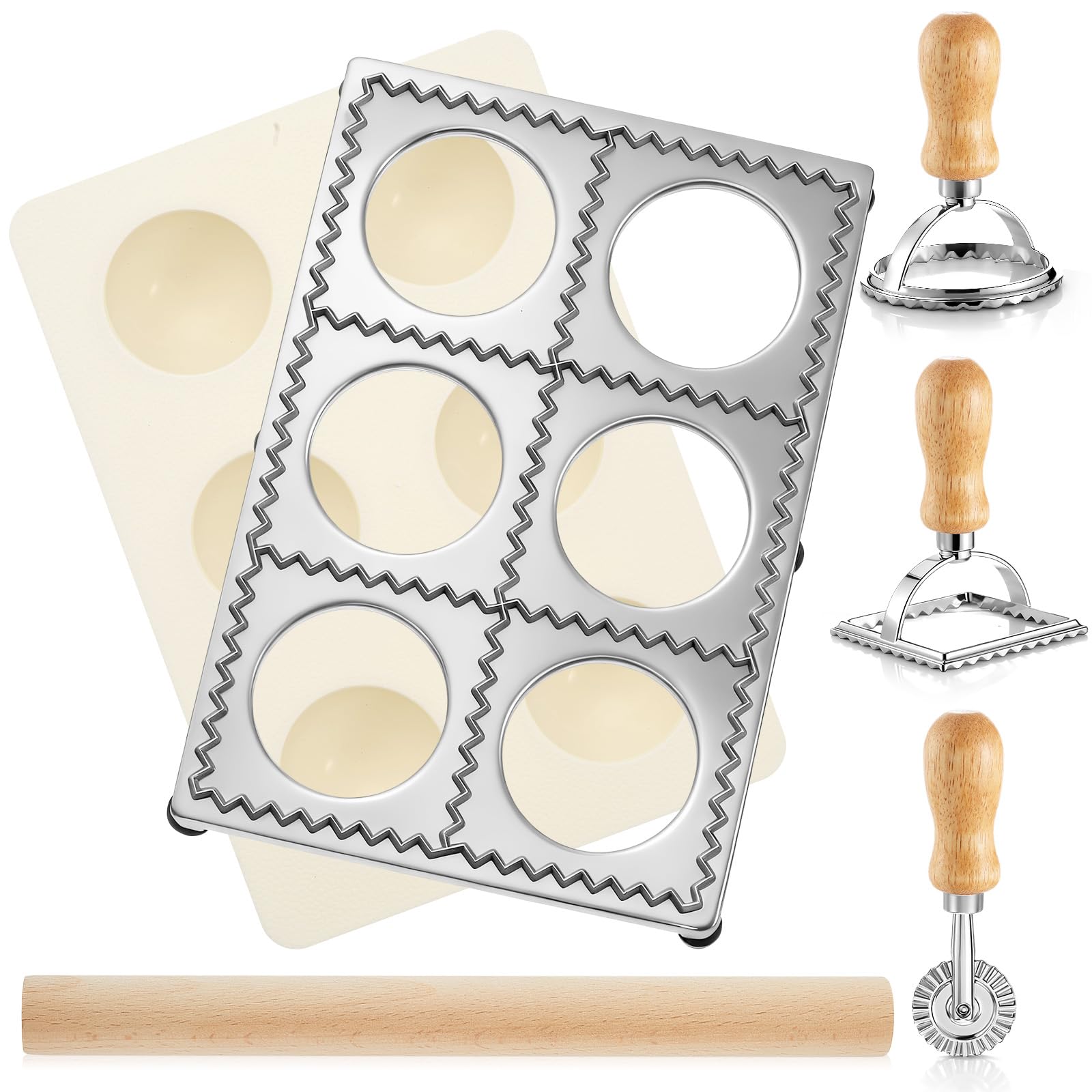 Geetery ravioli mold set in use with the 6-hole design for uniform fillings.