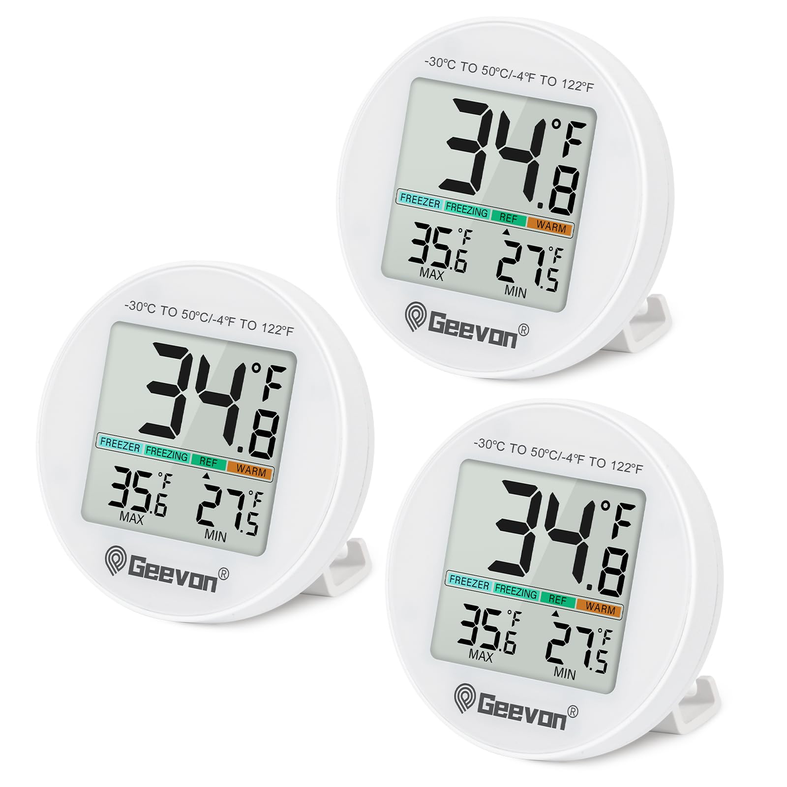 Geevon 3-pack digital fridge thermometer showing a clear temperature reading