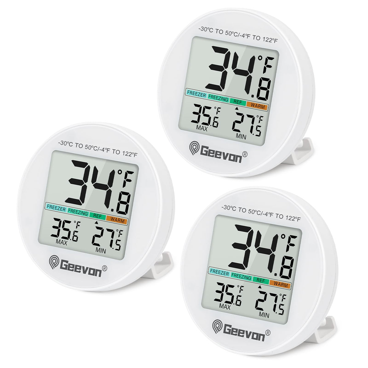 Geevon 3-pack digital fridge thermometer showing a clear temperature reading
