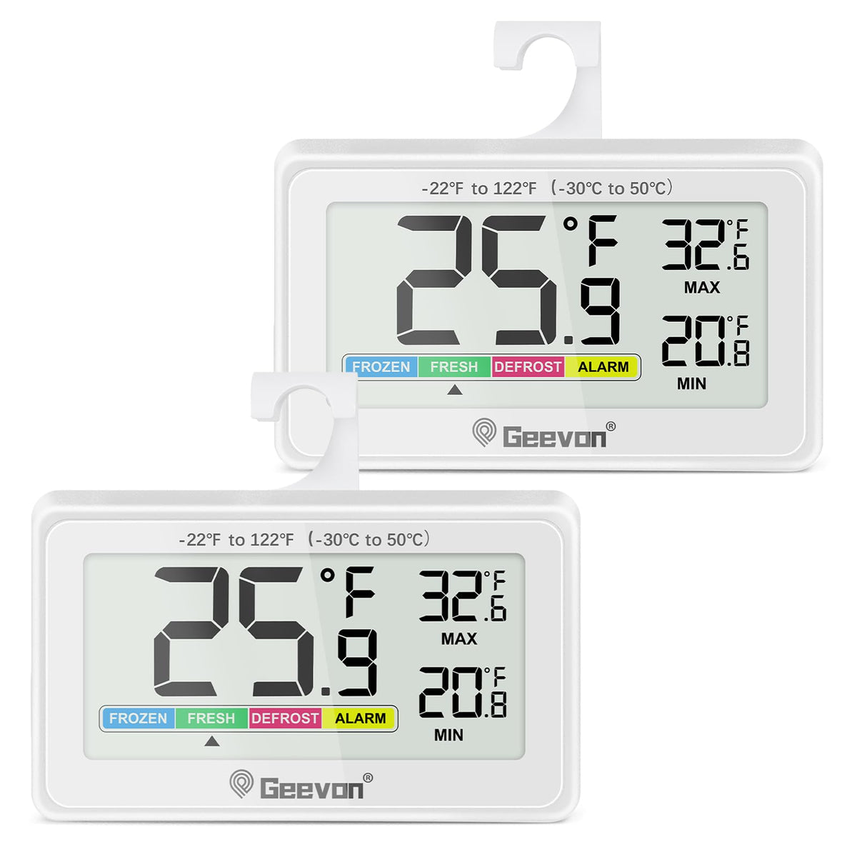 Geevon Digital Refrigerator Thermometer front view with clear large LCD readout showing temps