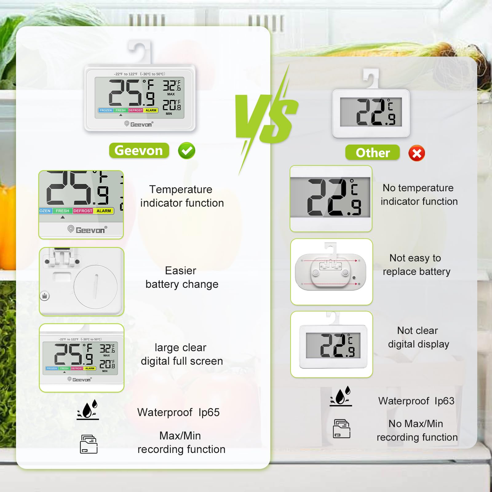 Geevon Digital Refrigerator Thermometer large LCD display for quick temp checks
