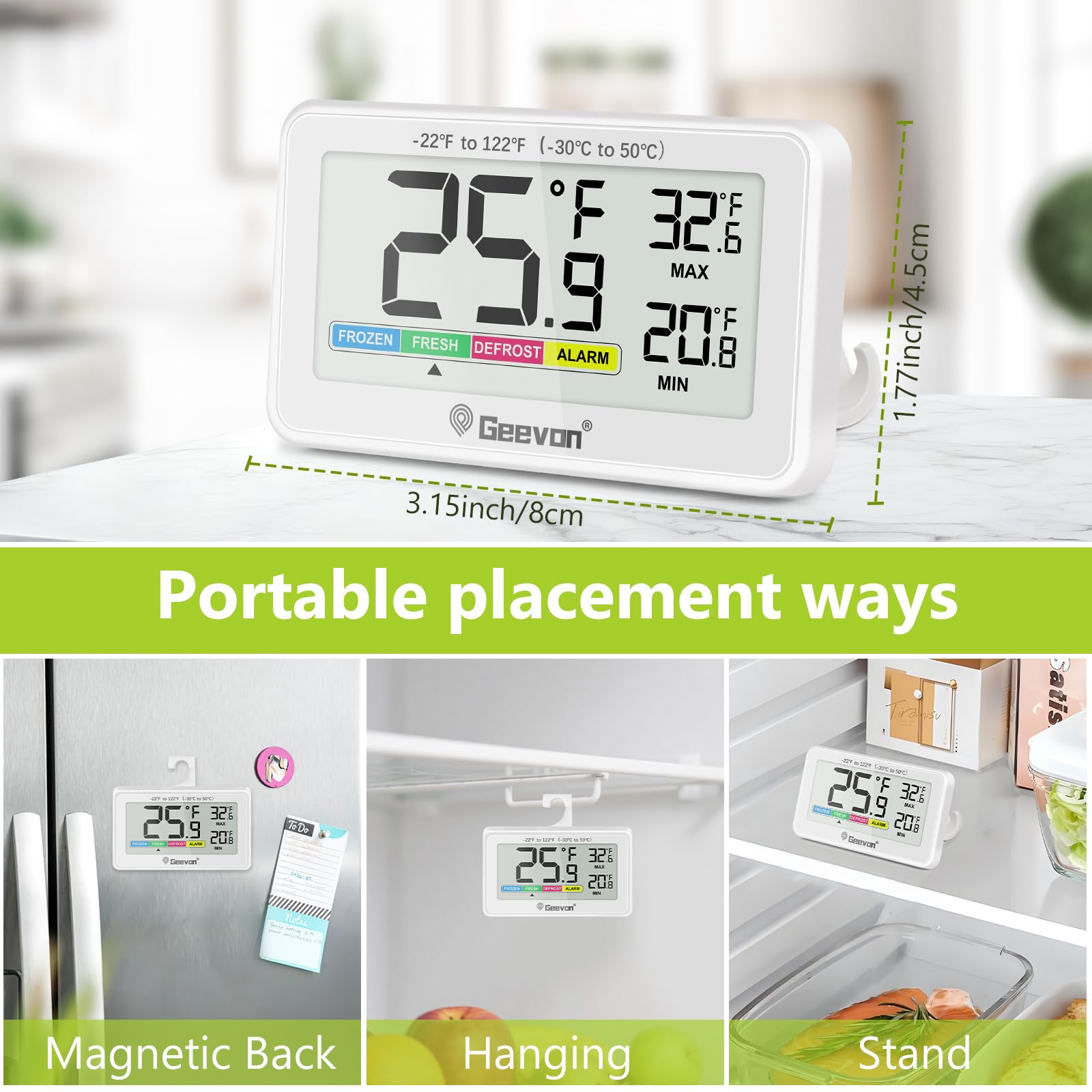 Geevon Digital Refrigerator Thermometer magnetic back mounted on fridge door