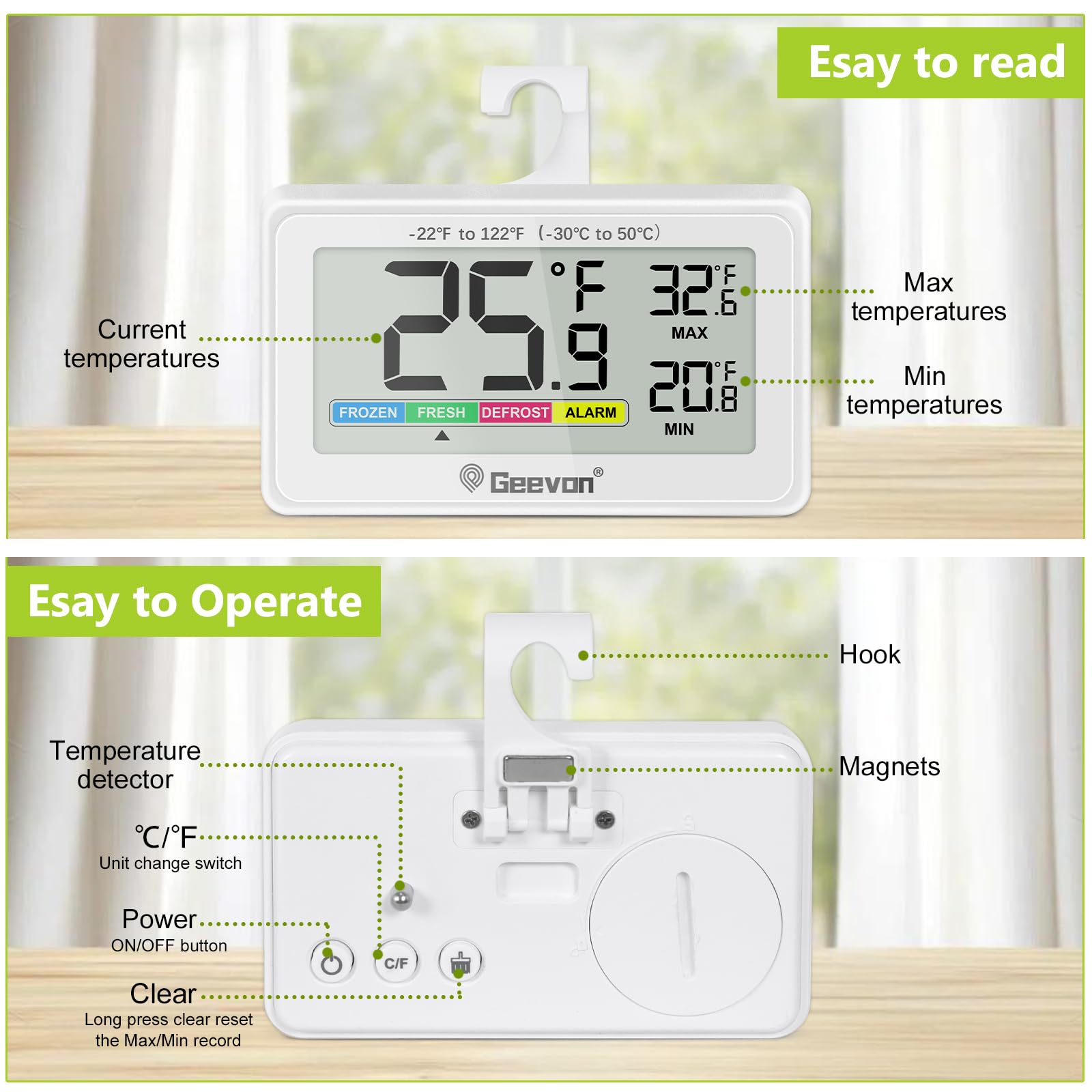 Geevon Digital Refrigerator Thermometer shows range -30C to 50C