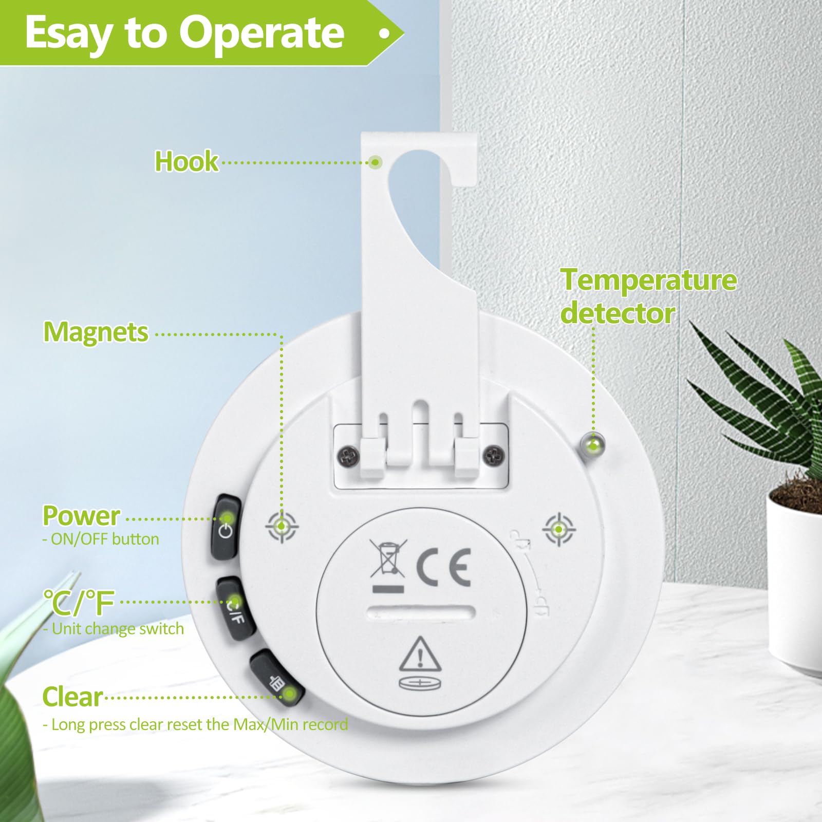 Geevon thermometer with magnetic back, stand, and hook for flexible placement