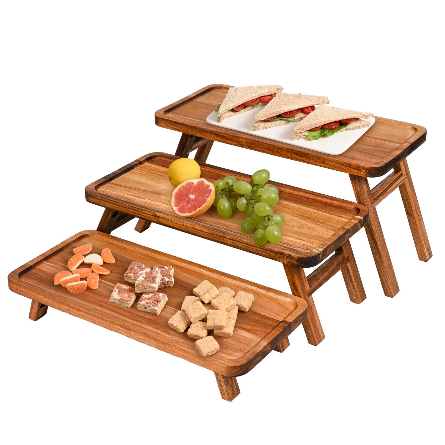 GEHE 3-tier tray displays cupcakes with elegant acacia wood and space-saving design