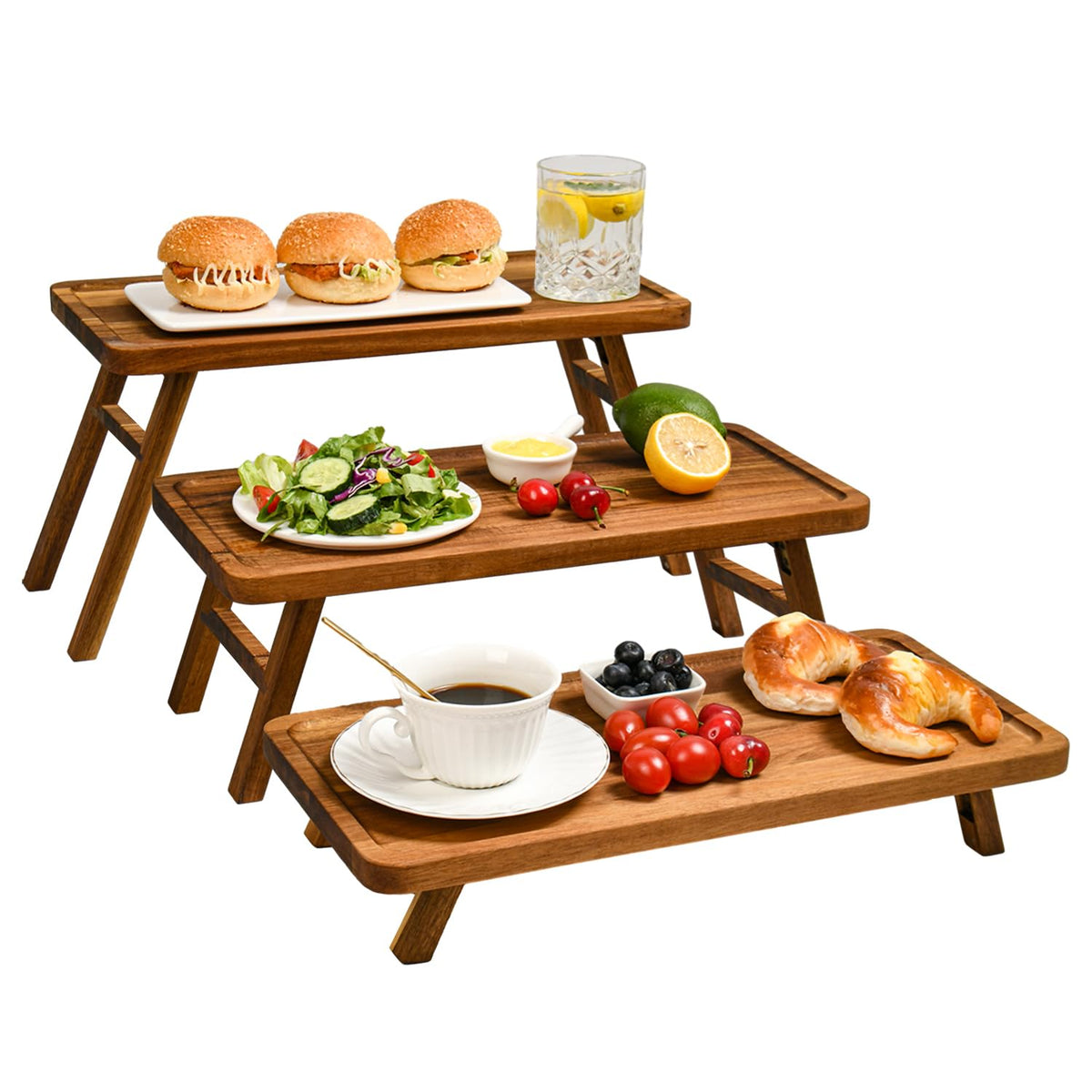 GEHE 3-Tier acacia wood stand with folding legs ideal for elegant dessert displays