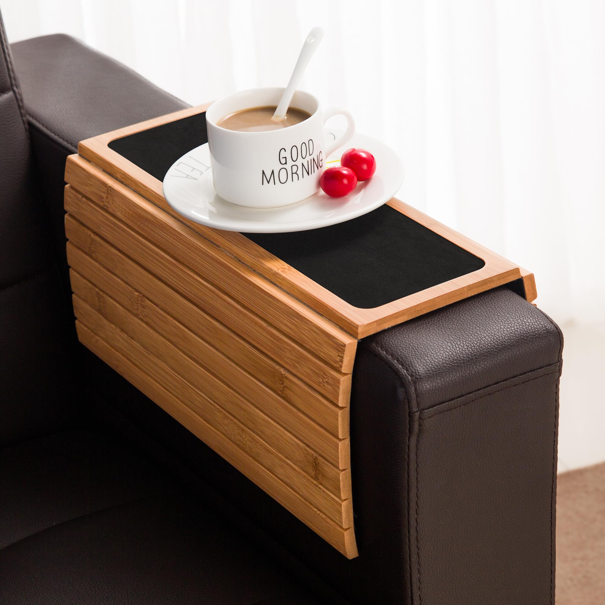 GEHE couch arm tray bamboo texture provides stable surface beside sofa for drinks.