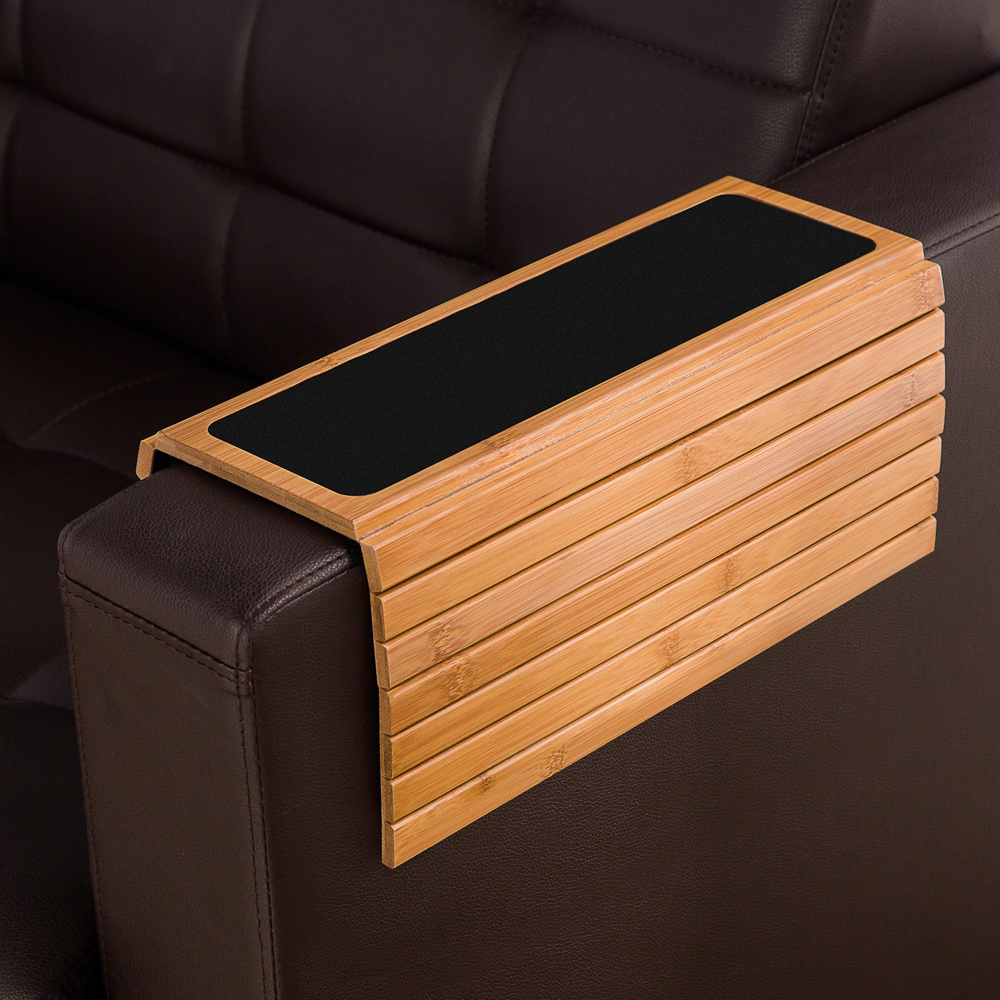 GEHE arm tray non-slip bottom keeps items secure on sofa.