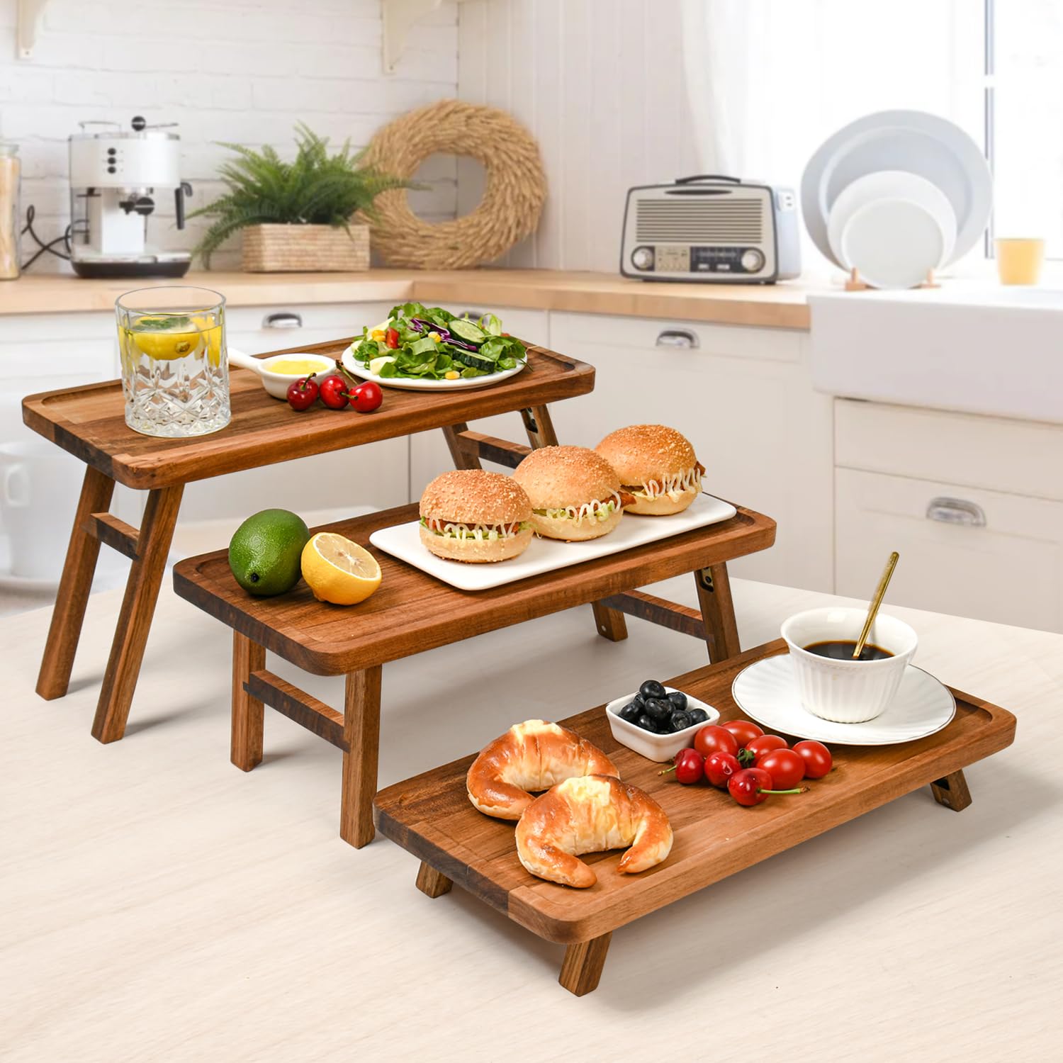 GEHE fold flat storage keeps the acacia stand compact after use