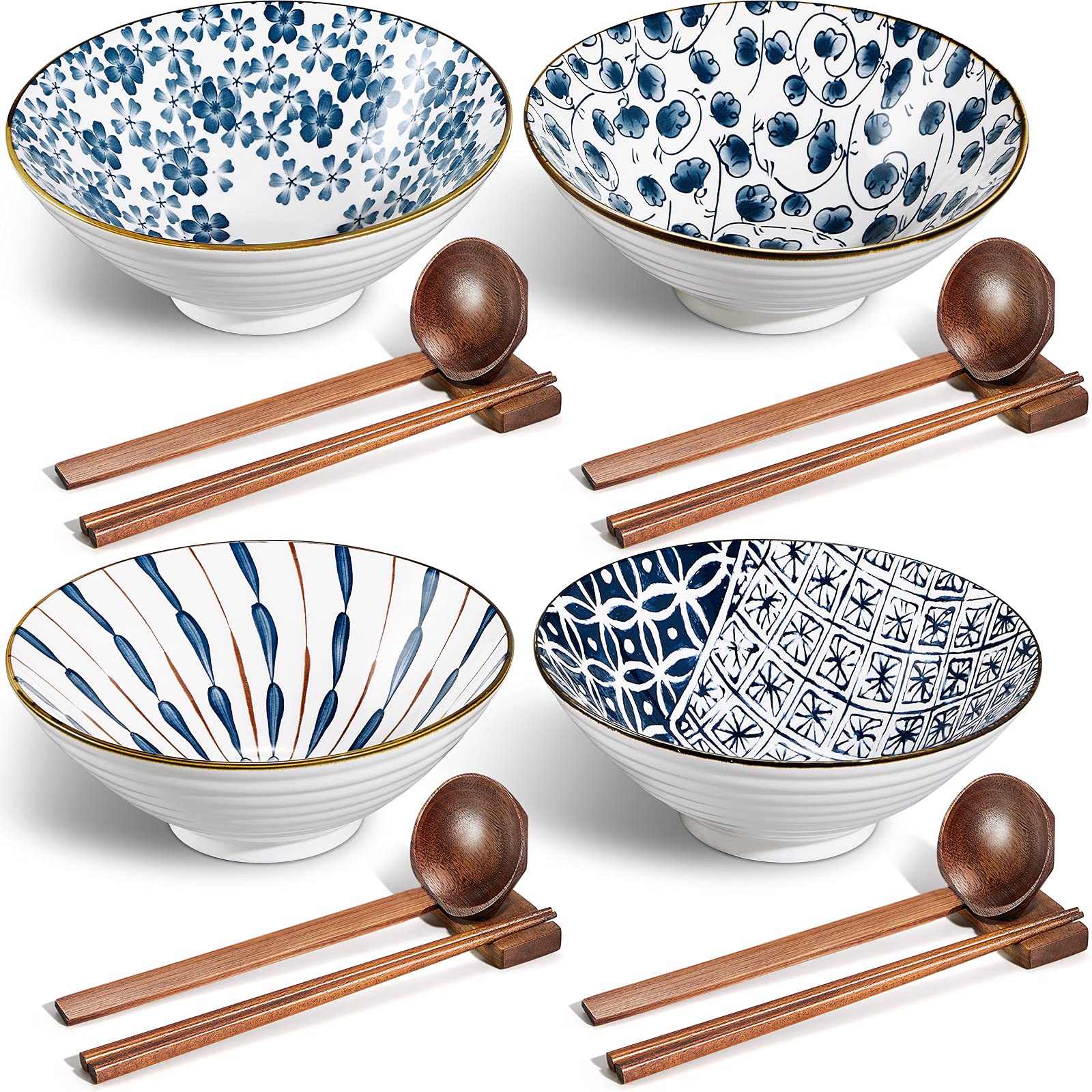 Geiserailie ceramic ramen bowl 40oz with blue pattern for generous portions at home