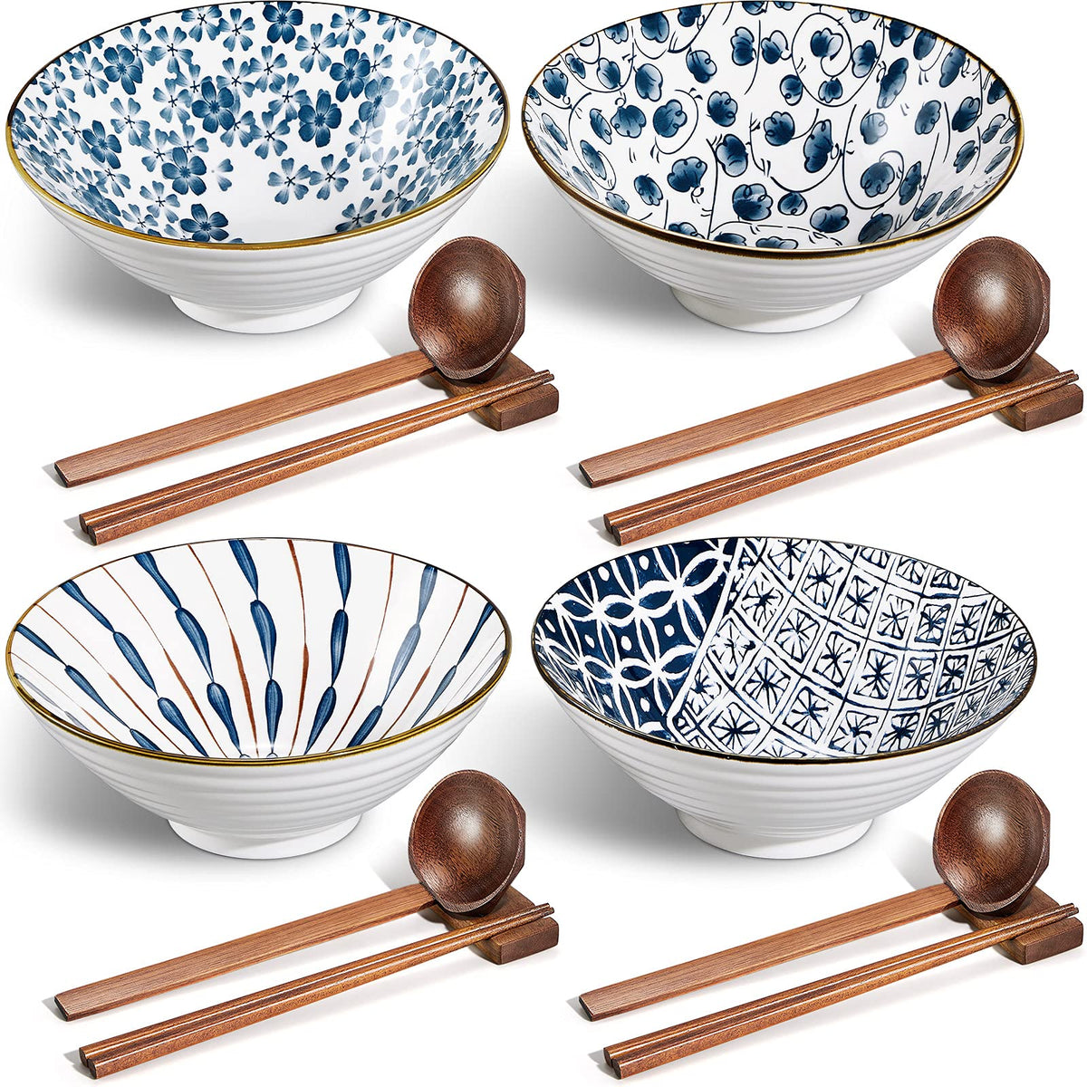 Geiserailie ceramic ramen bowl 40oz with blue pattern for generous portions at home