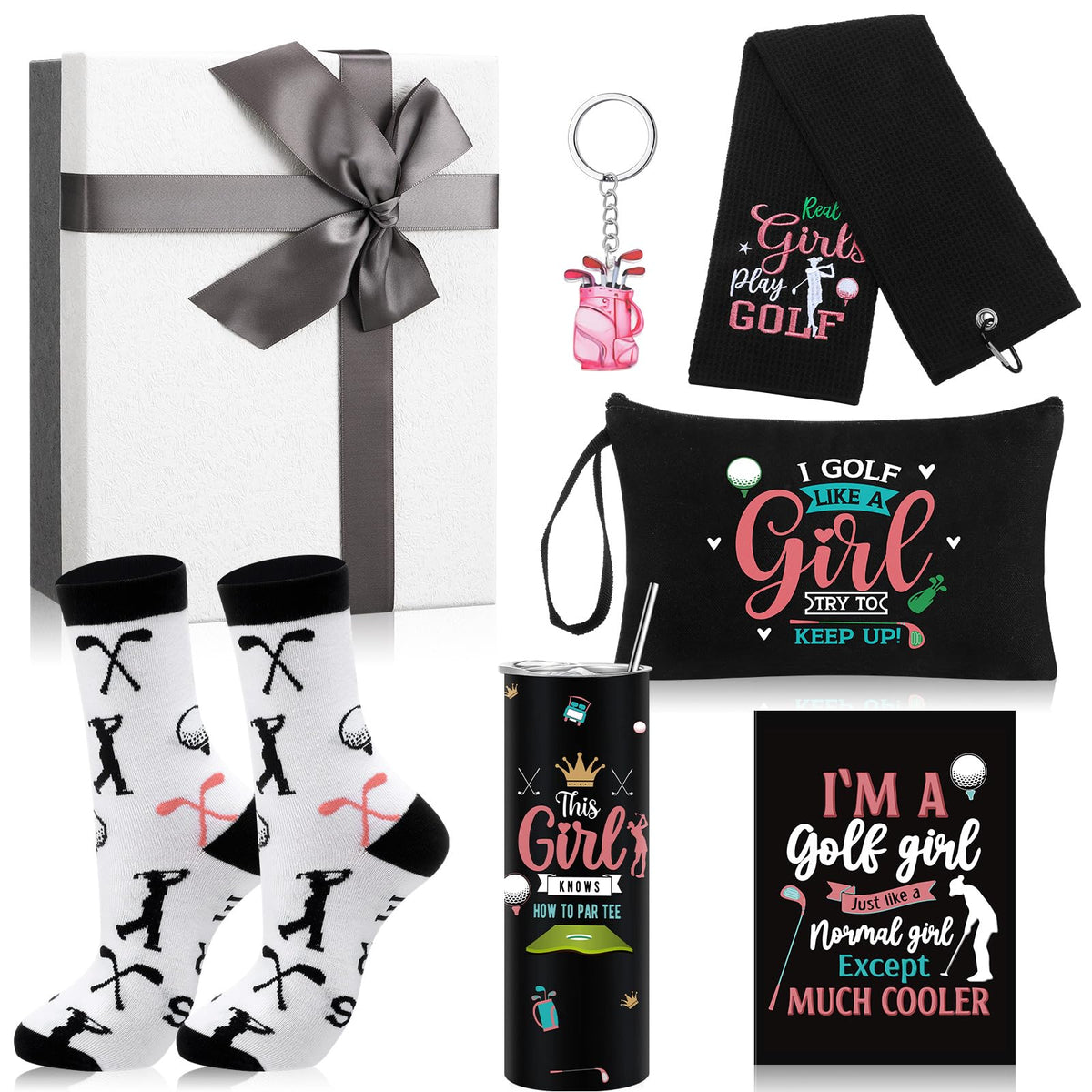 Geiserailie golf gift towel with embroidery displayed on a bag for on-course cleaning and care