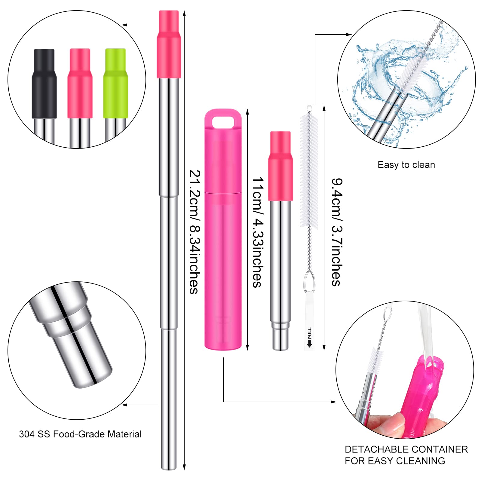 Gejoy collapsible stainless steel straw with silicone tip in blue travel case.