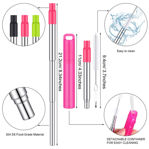 Gejoy collapsible stainless steel straw with silicone tip in blue travel case.