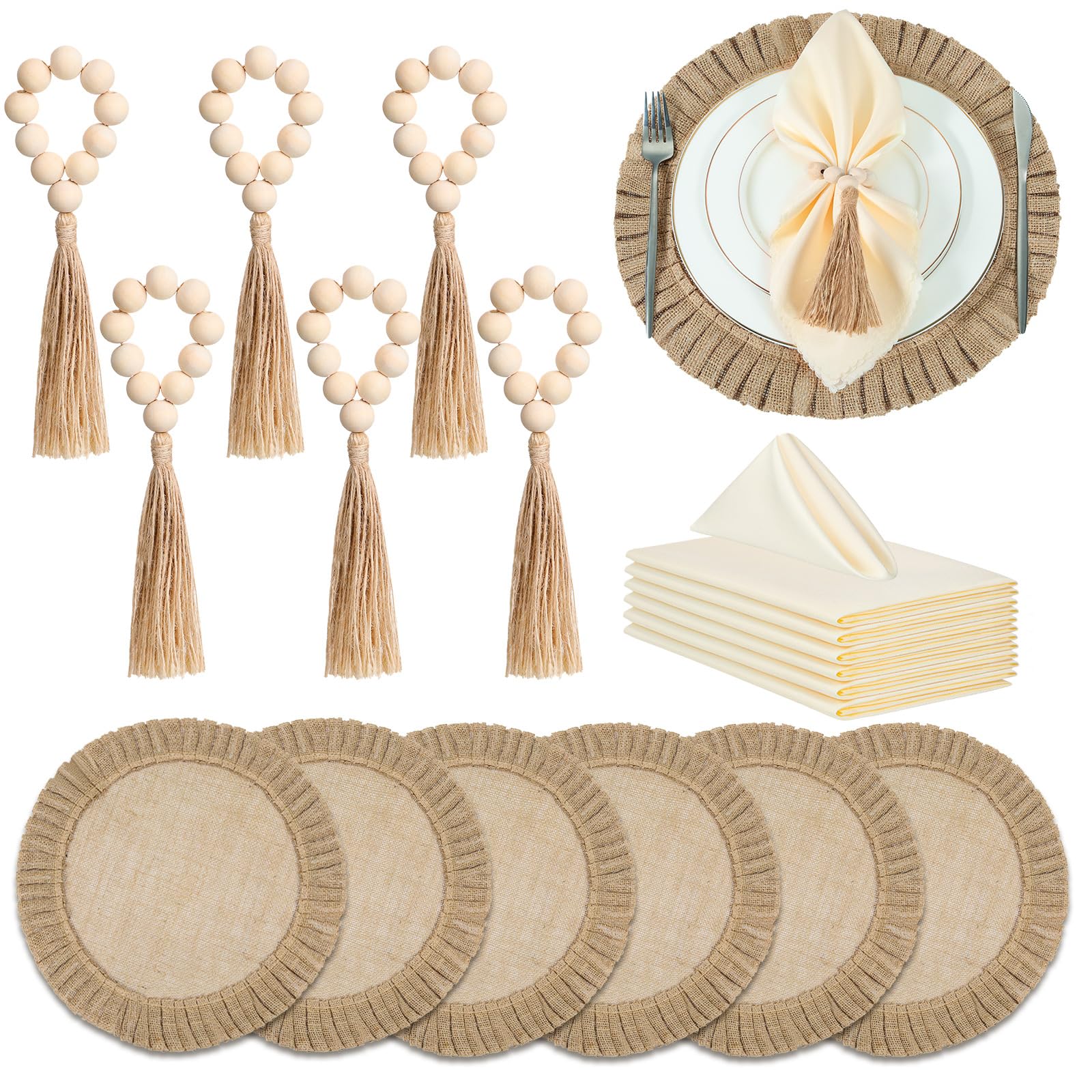 Gejoy round burlap placemats showcase rustic charm while protecting table surfaces.