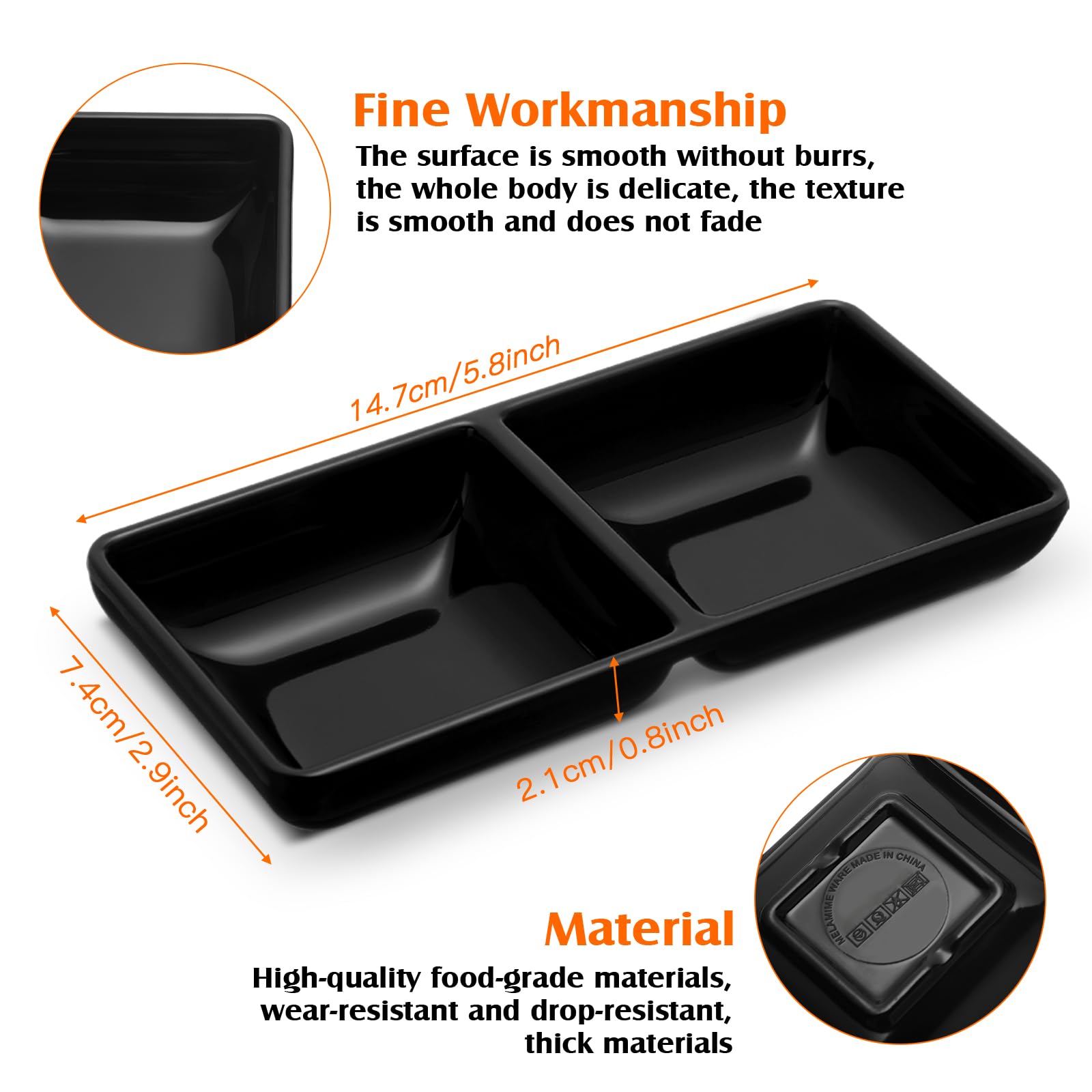 Gejoy black two-compartment sauce dish set ideal for soy sauce and dips at meals.