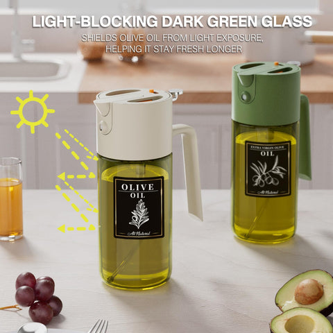 Gelibo dark olive green glass bottle protecting oil from light.