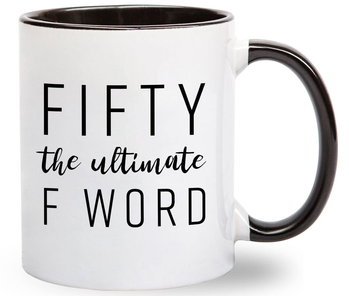 Gelid Fifty mug with bold F word design for 50th birthday morning coffee ritual.