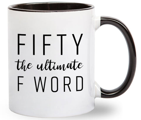 Gelid Fifty mug with bold F word design for 50th birthday morning coffee ritual.