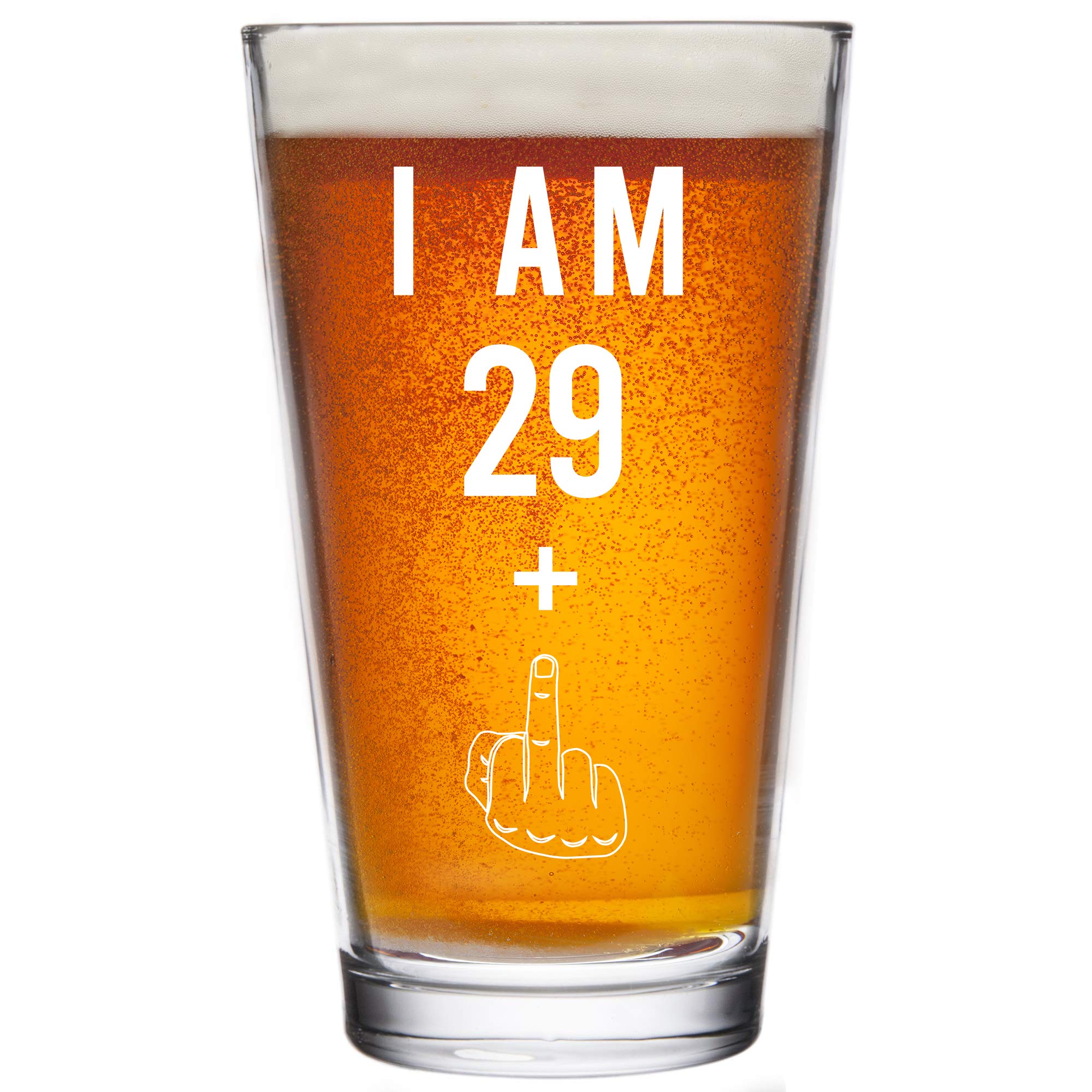 Gelid 29+1 middle finger 30th birthday pint glass, ideal for gifting at celebrations.