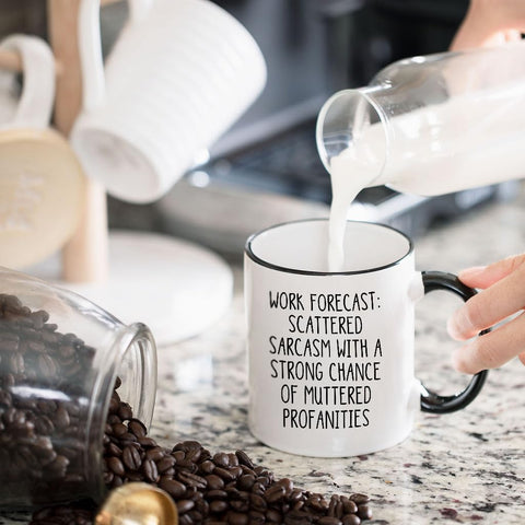 Gelid Work Forecast mug front design showing witty message to brighten mornings.
