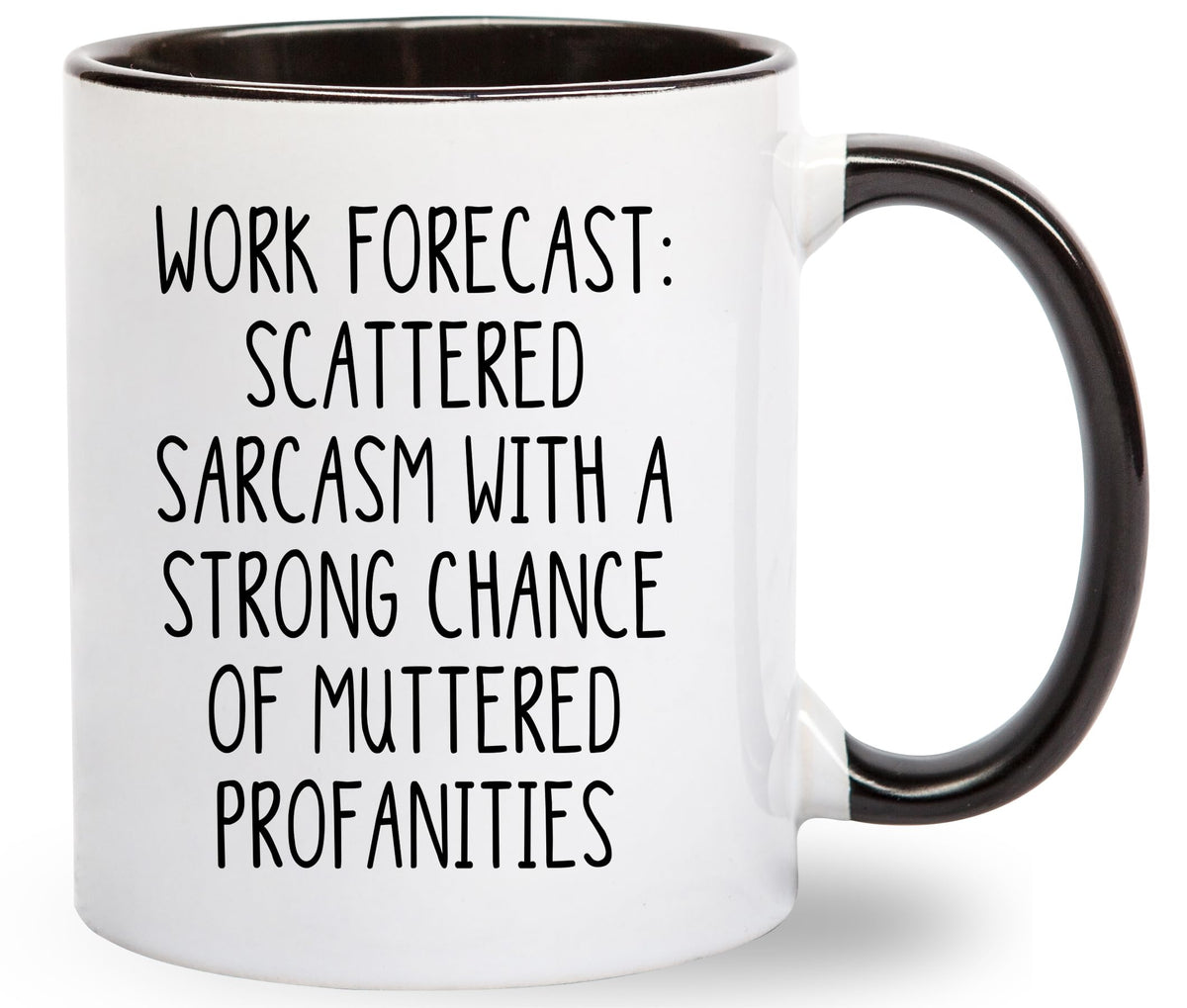 Gelid Work Forecast mug side view highlighting dual-sided print for ambidextrous use.