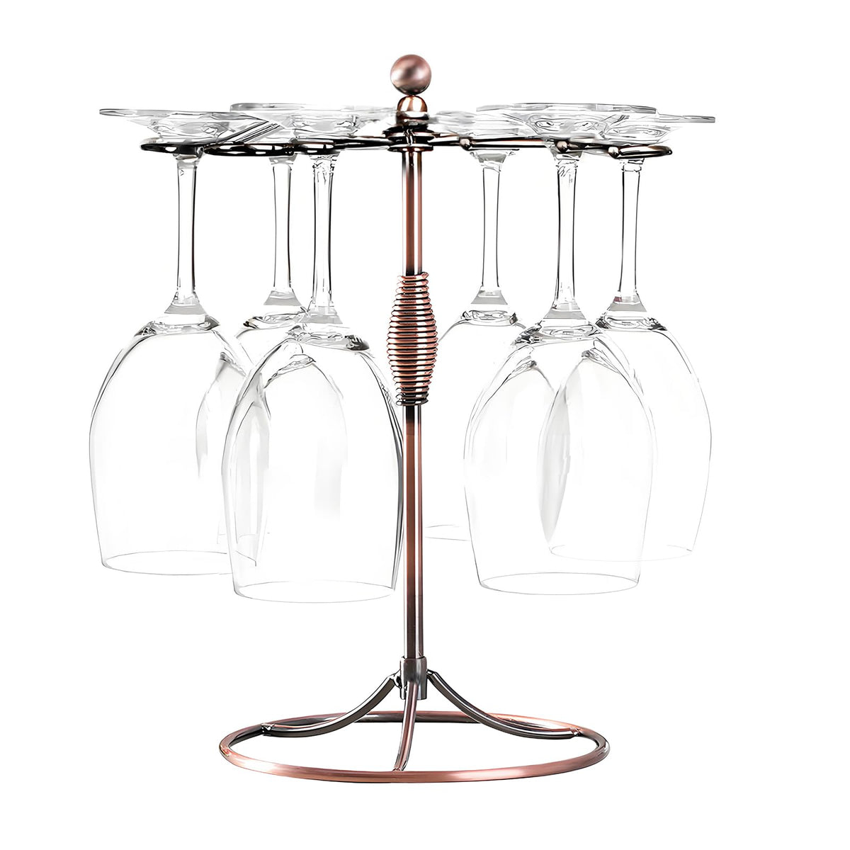 GeLive bronze wine glass holder stand on a countertop, ideal for drying and display.